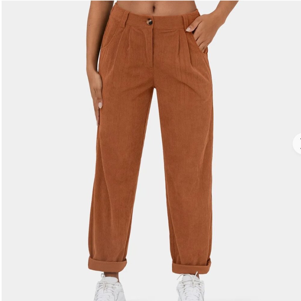 HALARA Mid Rise Button Zipper Side Pocket Corduroy Casual Pants Bombay Brown